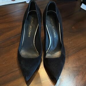 Stuart Weitzman Black Suede Classic Heels with goldtone trim
